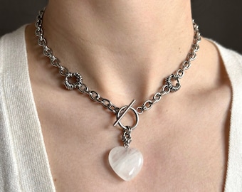 Quartz Heart Necklace: Clear Crystal Pendant , Toggle Clasp, Stainless Steel Chunky Chain, Short Length