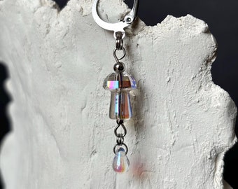 Mushroom Single Earring: Iridescent Glass, Stainless Steel — Fungi with Dew Drop