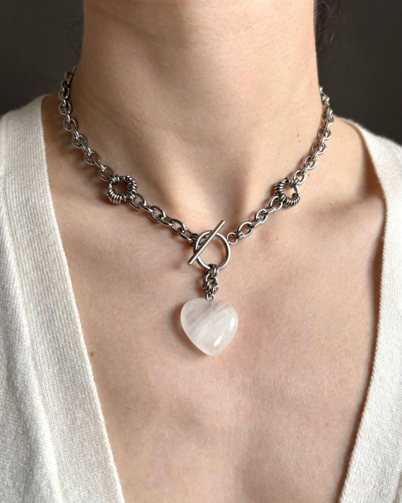 Quartz Heart Necklace: Clear Crystal Pendant , Toggle Clasp, Stainless Steel Chunky Chain, Short Length