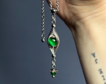 Green Tiger Eye Necklace: Wire Wrapped Gem Pendant, Stainless Steel Chain