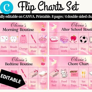 Op de afbeelding: Vier roze printbare kaarten met een meisjesachtig thema. Elke kaart heeft een titel: Olivia's Ochtendroutine, Olivia's Na-schoolse Routine, Olivia's Bedtijdroutine en Olivia's Takenkaart. De kaarten zijn ontworpen voor kinderen van 3-6 jaar en zijn volledig bewerkbaar op Canva.