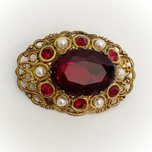 Antique German Ruby Rhinestone, Pearl & Gold Filigree Brooch