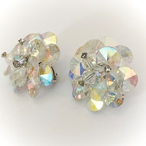 Vintage MCM Vendome Crystal Cluster Clip on Earrings, AB, Signed