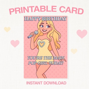 PRINTABLE Sabrina Carpenter Birthday Card – Cute Cartoon Pop Star Greeting Card– Unique Digital Download PDF & PNG