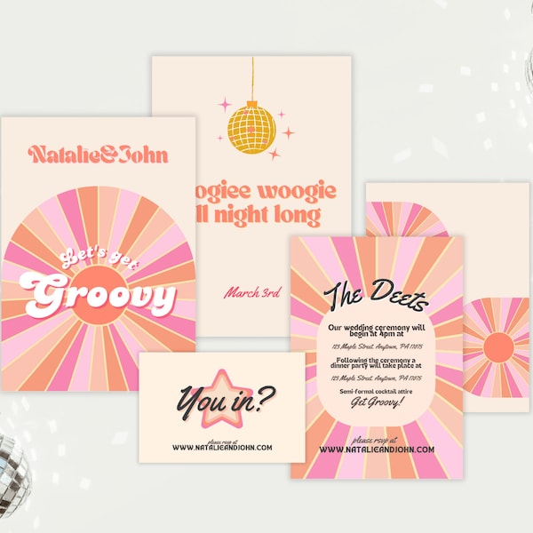 Lets Get Groovy Wedding Invite, Retro Fun Colorful Bundle Invitation, Details and Rsvp Suite Editable Canva Template, Digital Download Print