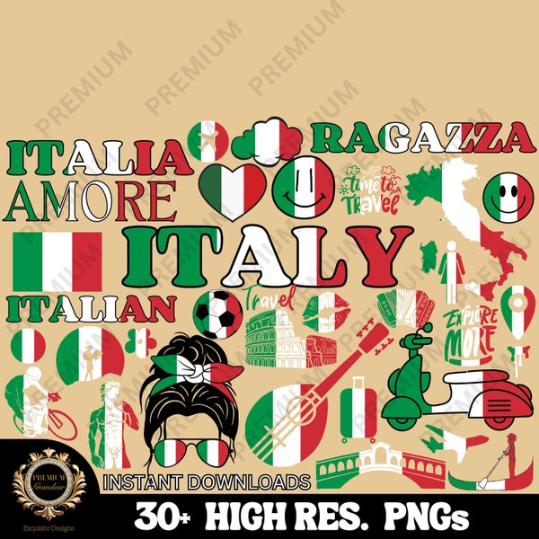 ITALY Themed Clipart Bundle PNG Files High Resolution png Instant download Travel clipart, Europe clipart, 30+ PNG Files, Italian Flag