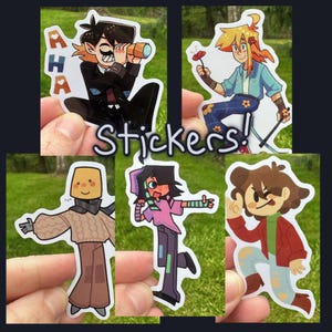 May include: A collection of five die-cut stickers featuring illustrated characters in various outfits and poses. One character uses a telescope with the text AHA, another holds a flower, while others display distinct clothing styles and expressions.