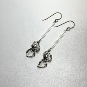 Sterling silver SPIDER hanging on vintage Czech glass tube bead web on 100% PURE Titanium earring hooks.  Lightweight.