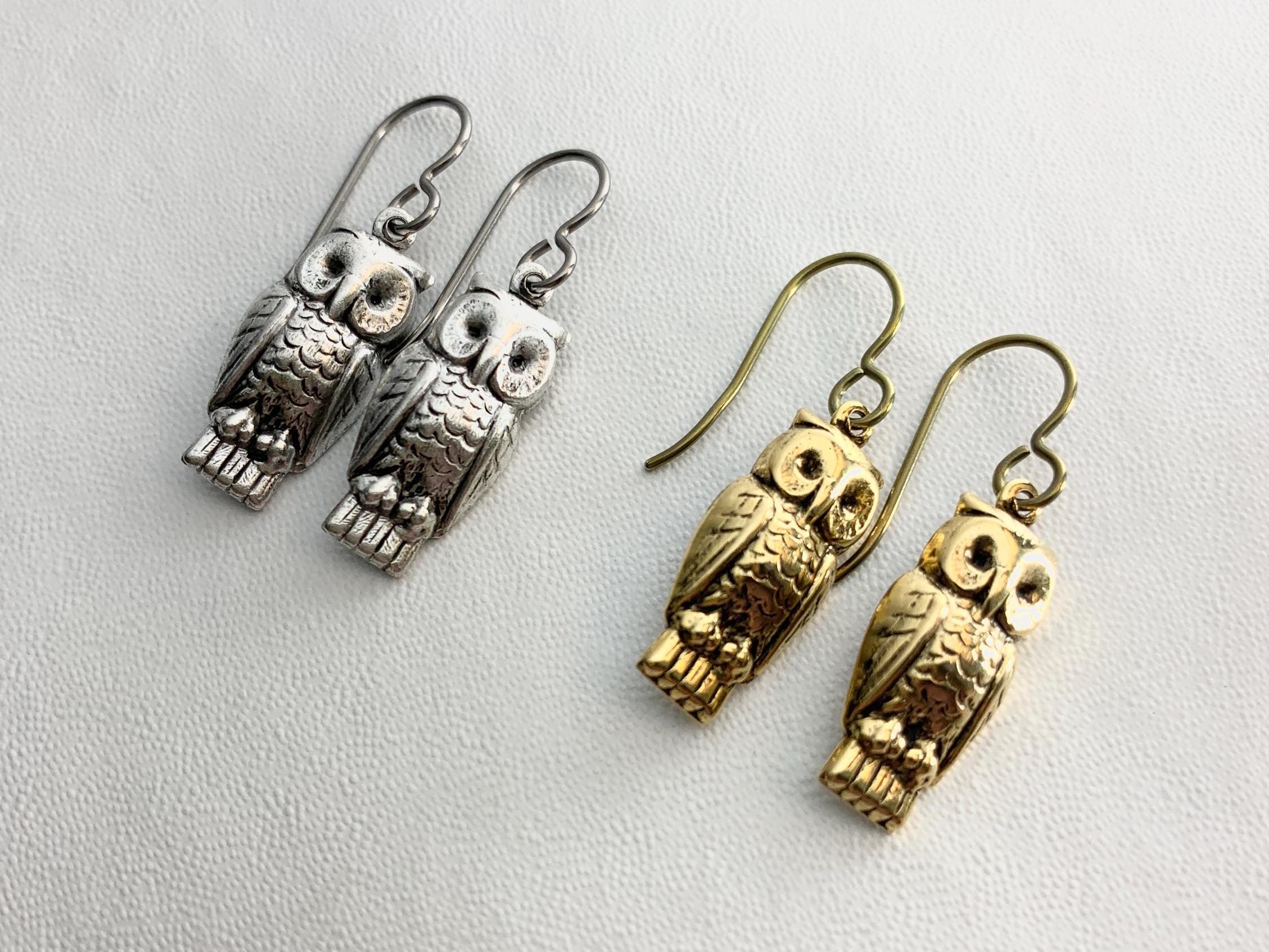 Stamped Brass Owl Earrings: Hypoallergenic Titanium Hooks