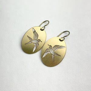 Brass Bird Earrings: Titanium Hooks, Hypoallergenic Dangles