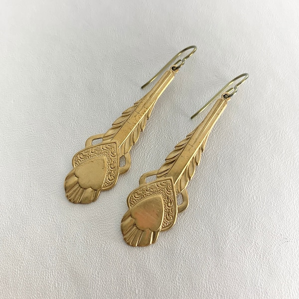 BEAUTIFUL ART Deco design Stamped brass drops on 100% PURE Titanium earring hooks. Hypo-allergenic.  Lightweight earrings.