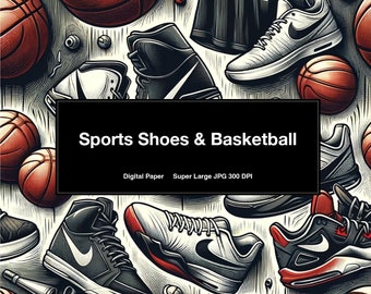 Sports (shoes and basketball) fitness Hand Drawn Art -  Illustration, Backgrounds, Printable Digital Wrapping Paper (this is not a pattern)