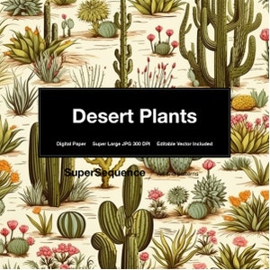 Illustrazione artistica disegnata a mano con piante del deserto e cactus, sfondi, carta da regalo digitale stampabile per arti e mestieri (non è un modello)