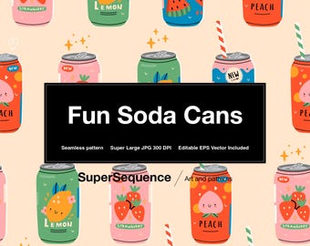 Fun Soda Cans Illustrated Pattern - Vector Seamless Repeat Pattern, Backgrounds, Printable Digital Wrapping Paper, Digital Art Supplies