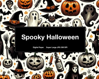 Spooky Halloween (pumpkins and ghosts) Hand-drawn Art illustration, Backgrounds, Printable Crafts Wrapping Paper (this is not a pattern)