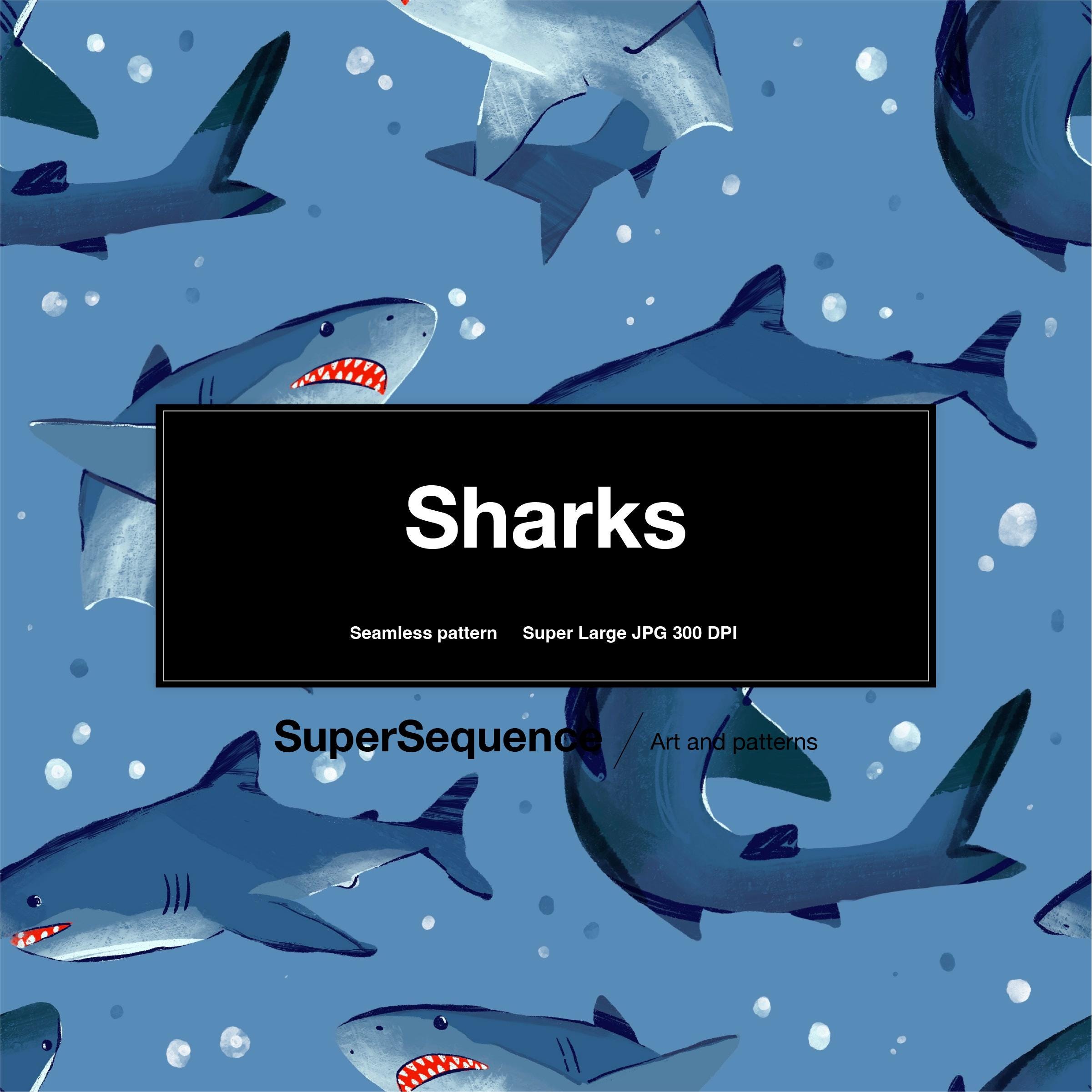 Sharks Illustrated Pattern - Seamless Repeat Pattern, Backgrounds, Printable Digital Wrapping Paper, Digital Art Supplies