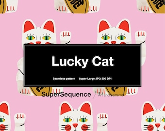 Lucky Cat Illustrated Pattern - Seamless Repeat Pattern, Backgrounds, Printable Digital Wrapping Paper, Digital Art Supplies