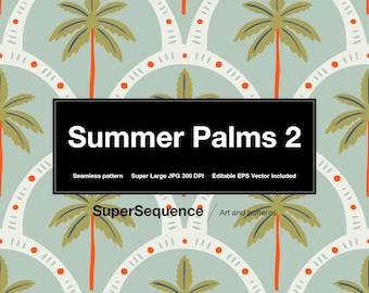 Summer Palms 2 Illustrated Pattern - Vector Seamless Repeat Pattern, Backgrounds, Printable Digital Wrapping Paper, Digital Art Supplies