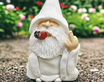 Smoking Funny Fairy Garden Gnome | White Wizard Gnome, Outdoor Statue, Dwarf Garden Sculpture, Garden Decor, Garden Figurine, Home Decor