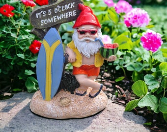 Summer Surfboard Gnome | Garden Gnomes, Outdoor Statues, Garden Home Decor, Garden Ornament, Resin Gnome, Beach Gnome, Surfing Gnome