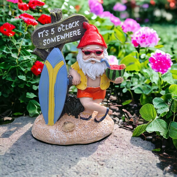 Summer Surfboard Gnome | Garden Gnomes, Outdoor Statues, Garden Home Decor, Garden Ornament, Resin Gnome, Beach Gnome, Surfing Gnome