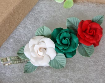 Handmade Polymer Clay Rose Hair Clip – Tricolor Floral Barrette, Bulgarian Inspired Accessory