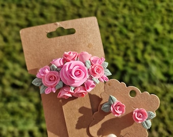 Handmade Pink Rose Hair Clip and Sterling Silver Earrings – Boho Floral Bridal Set