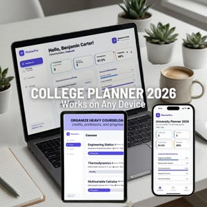 May include: A laptop, tablet, and smartphone displaying the PlannerPro interface. The screens show a dashboard with the text Hello, Benjamin Carter!, University Planner 2026, and Organize heavy courseload, credits, professors, and progress.