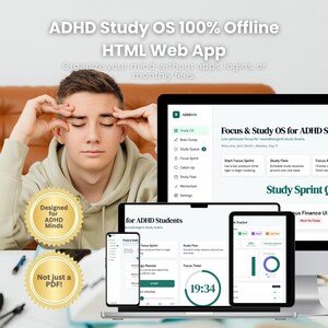 ADHD Study OS HTML Web App: Offline Focus Dashboard with Anti Procrastination Timer and Academic Tracker (Digital Download)