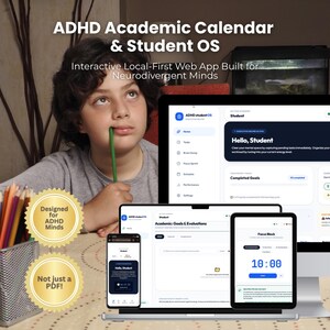 Puede incluir: Un joven reflexiona mientras varios dispositivos muestran la aplicación ADHD Academic Calendar & Student OS. La interfaz de la aplicación es visible en un portátil, una tableta y un smartphone. El texto dice "Diseñado para mentes con TDAH" y "¡No solo un PDF!"