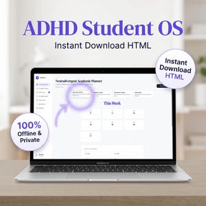 Puede incluir: Un ordenador portátil MacBook Air plateado que muestra una interfaz de planificador digital. La pantalla muestra el texto "ADHD Student OS" y "Instant Download HTML". El texto adicional incluye "100% Offline & Private" y "Neurodivergent Academic Planner".