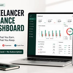 Puede incluir: Un portátil y un smartphone con la aplicación web Freelancer Finance Dashboard. La pantalla muestra datos financieros, ingresos, gastos y gráficos de flujo de caja. Texto: Freelancer Finance Dashboard, Know What You Earn, Know What You Keep, Income, Expenses, Cash Flow, No Excel, No Subscription.