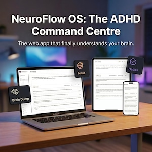 Puede incluir: Un portátil, una tableta y un smartphone que muestran la aplicación web NeuroFlow OS, diseñada para la gestión del TDAH. Las pantallas muestran funciones como "Brain Dump", "Focus" y "Habits". La imagen incluye el texto "NeuroFlow OS: The ADHD Command Centre."