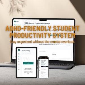 Puede incluir: Un portátil, una tableta y un smartphone muestran el "Sistema de productividad estudiantil para TDAH". La pantalla del portátil muestra el título del sistema. La tableta muestra una función "Brain Dump". El smartphone muestra la interfaz.