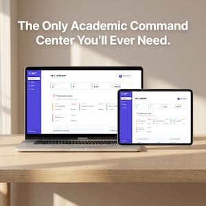 May include: A laptop and a tablet displaying an academic dashboard with the text 'The Only Academic Command Center You'll Ever Need.' The interface features a purple sidebar, a 'Hey, Jordan!' greeting, and sections for priority action items.