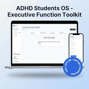 Puede incluir: Un portátil y un smartphone muestran la interfaz "Executive Function Toolkit". La pantalla del portátil muestra un temporizador y varias herramientas. El smartphone muestra la configuración. Un círculo azul con el texto "100% Offline Instant Download" está en la esquina inferior derecha.