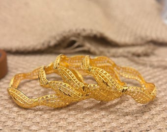 Gold Bangles, 24k Gold plated Bangles, Indian Bridal Jewelry, Wedding Gold Bracelet, Arab Jewelry, Gift for Her