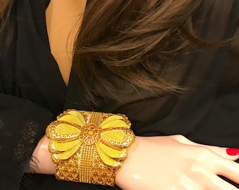24k Gold Plated Chunky Cuff Bracelet, Indian Bridal Bangle, Handmade