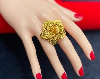 Gold Flower Ring for Women, 24k Dubai Gold Plated Ring, Indian