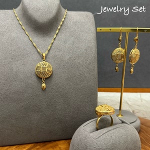 Gold Necklace & Gold Earrings Set, 24k Dubai Gold Plated Jewelry set, Gold Ring