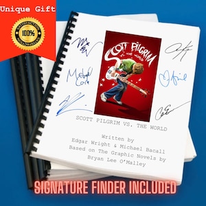 May include: A white and red script movie script for the film "Scott Pilgrim vs. The World" with signatures from the cast and crew. The signatures include Edgar Wright, Michael Cera, and others. The script is on a white background with a red border.