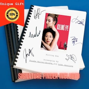 May include: A spiral-bound screenplay for Killing Eve, featuring a cover with a red graphic of two women, the text Killing Eve, Screenplay by Phoebe Waller-Bridge and Luke Jennings, and multiple black ink signatures across the white pages.