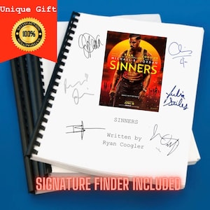 Op de afbeelding: Een gebonden script getiteld "SINNERS" met handtekeningen, een filmposter en de tekst "SIGNATURE FINDER INCLUDED". De poster toont Ryan Coogler en Michael B. Jordan. Een rode banner luidt "Unique Gift".
