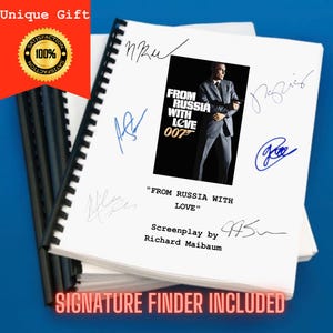 May include: A stack of white paper scripts bound with a black spiral. The cover features a movie poster for "From Russia With Love" and the text "Screenplay by Richard Maibaum." The script is covered in signatures and includes the text "Signature Finder Included."