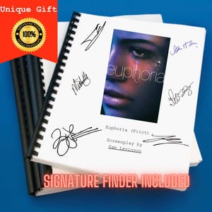 May include: A white spiral-bound screenplay titled Euphoria (Pilot) with a central image of a person's face with a tear. The cover features multiple black ink signatures, the text Screenplay by Sam Levinson, and a red banner at the top.