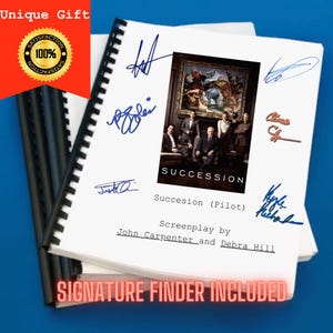 May include: A spiral-bound screenplay titled Succession (Pilot) with a central image of the cast. The cover features multiple blue ink signatures, the text Screenplay by John Carpenter and Debra Hill, and a red banner stating Unique Gift.