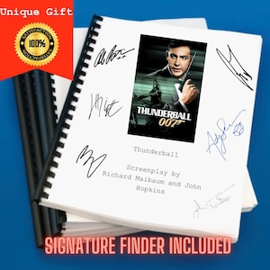 May include: A white screenplay titled "Thunderball" with multiple signatures and a movie poster. The text "Unique Gift" and "Signature Finder Included" are also visible. The screenplay is bound with a black comb.