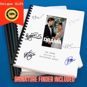 May include: A white spiral-bound script titled The Drama written by Kristoffer Borgli, featuring a central image of a bride and groom. The cover includes multiple black ink signatures surrounding the central photo and text.