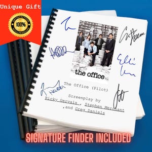 May include: A spiral-bound screenplay for The Office pilot episode, featuring a central image of the cast, the title, and the names of writers Ricky Gervais, Stephen Merchant, and Greg Daniels. The white cover is decorated with multiple blue ink signatures.
