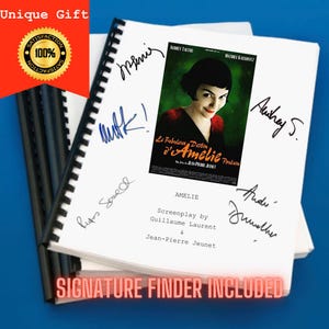 May include: A spiral-bound screenplay for the film Le Fabuleux Destin d'Amélie Poulain, featuring a central movie poster image, black ink signatures on the white cover, and text identifying the screenplay by Guillaume Laurent and Jean-Pierre Jeunet.